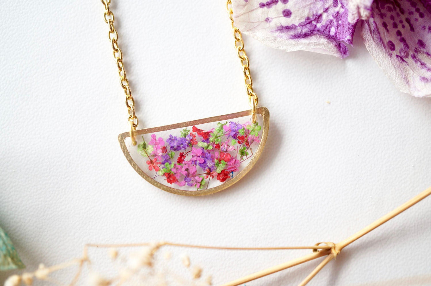 Real Pressed Flowers in Resin Necklace, Half Circle in Purple Red Pink Green