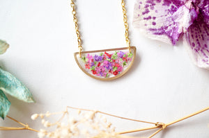 Real Dried Flowers in Resin Necklace, Half Circle in Purple Red Purple Green