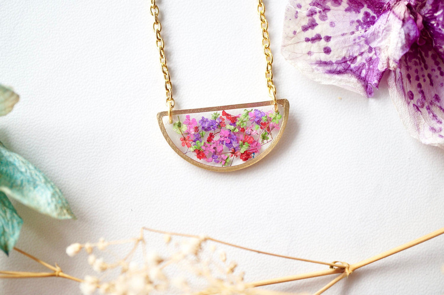 Real Pressed Flowers in Resin Necklace, Half Circle in Purple Red Pink Green
