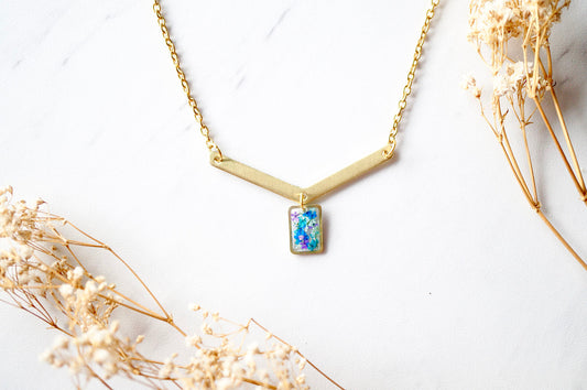 Real Pressed Flowers in Resin Necklace, Gold Arrow and Rectangle in Purple Blue Mint Teal