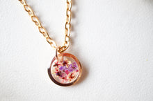 Real Dried Flowers in Resin Necklace, Small Rose Gold Circle in Pinks and Purple
