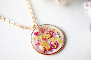Real Dried Flowers in Resin Necklace, Rose Gold Circle in Magenta Pink Yellow