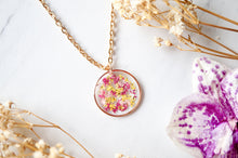 Real Dried Flowers in Resin Necklace, Rose Gold Circle in Magenta Pink Yellow