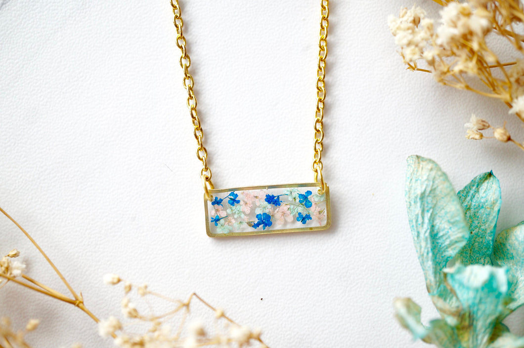 Real Dried Flowers and Resin Necklace, Gold Bar in Pink Mint Blue