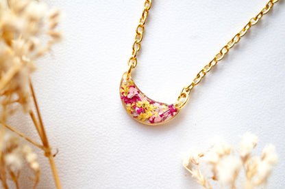 Real Dried Flowers in Resin Necklace, Gold Half Moon in Pink Magenta Yellow