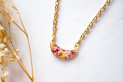 Real Dried Flowers in Resin Necklace, Gold Half Moon in Pink Magenta Yellow