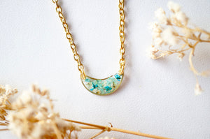 Real Dried Flowers in Resin Necklace, Gold Half Moon in Teal Mint White