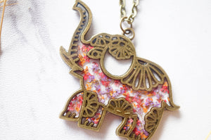 Real Dried Flowers in Resin Tribal Elephant Necklace in Pink Purple Orange