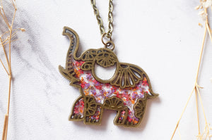 Real Dried Flowers in Resin Tribal Elephant Necklace in Pink Purple Orange