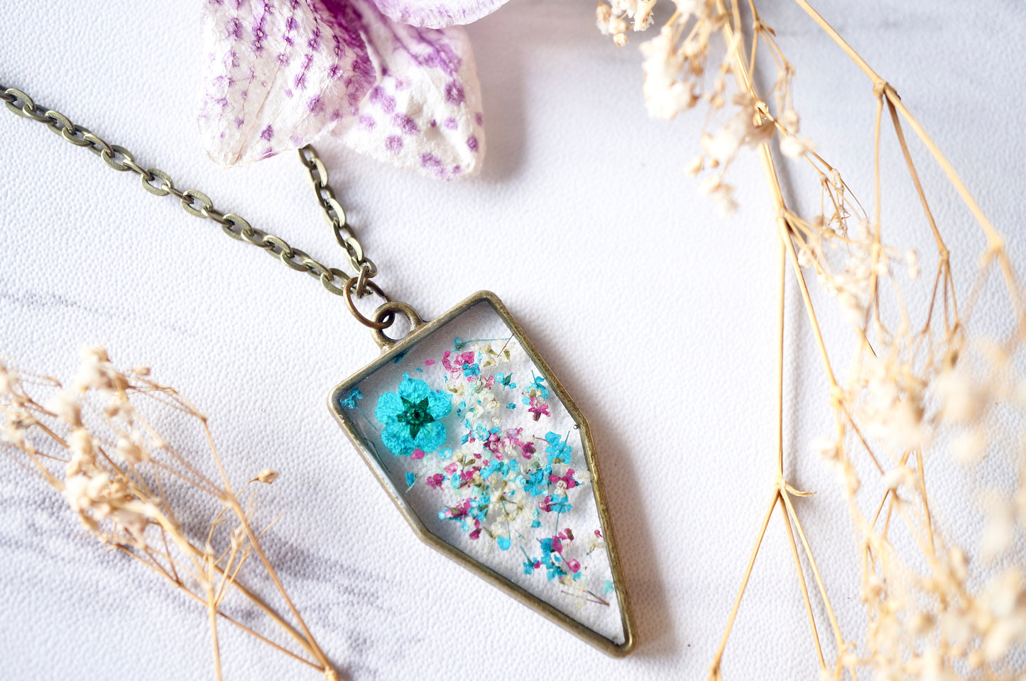 Real Dried Flowers in Resin Necklace, Arrowhead in Teal Magenta White