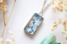 Real Dried Flowers in Resin Necklace, Silver Rectangle in Pink Mint Blue