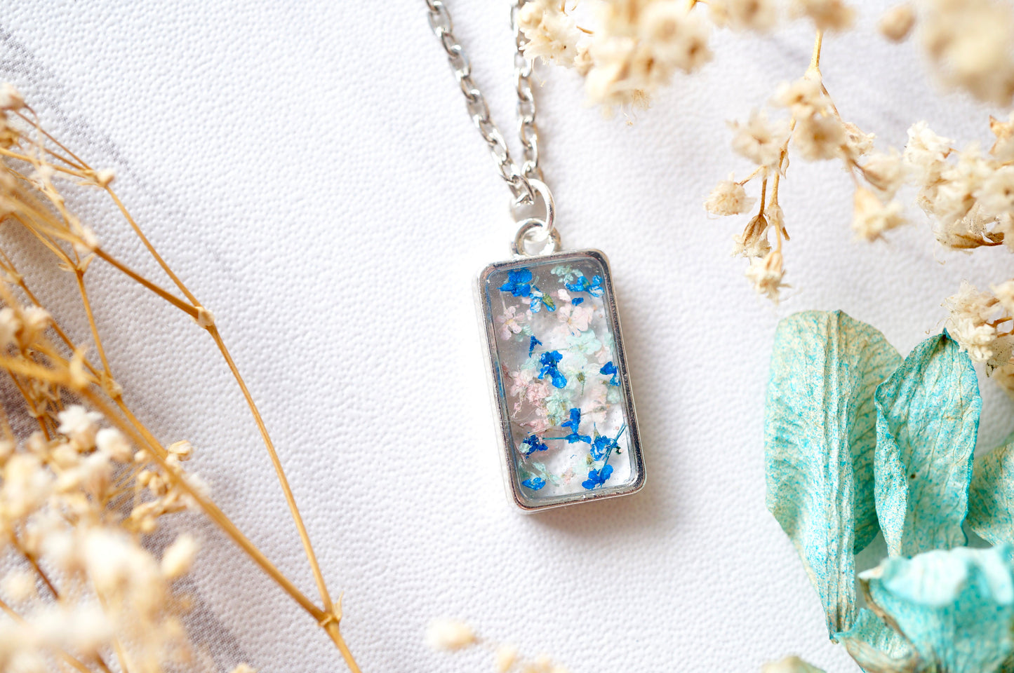 Real Dried Flowers in Resin Necklace, Silver Rectangle in Pink Mint Blue