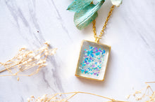 Real Dried Flowers in Resin Necklace, Gold Square in Blue Mint Teal Purple