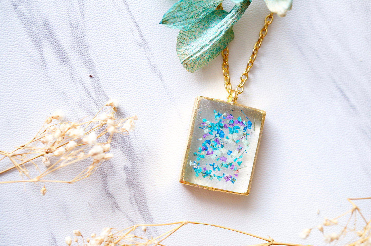 Real Pressed Flowers in Resin Necklace, Gold Square in Blue Mint Teal Purple