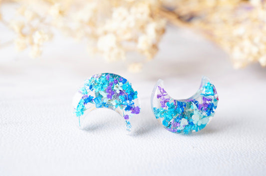 Real Pressed Flowers and Resin Moon Stud Earrings in Purple Blue Teal Mint