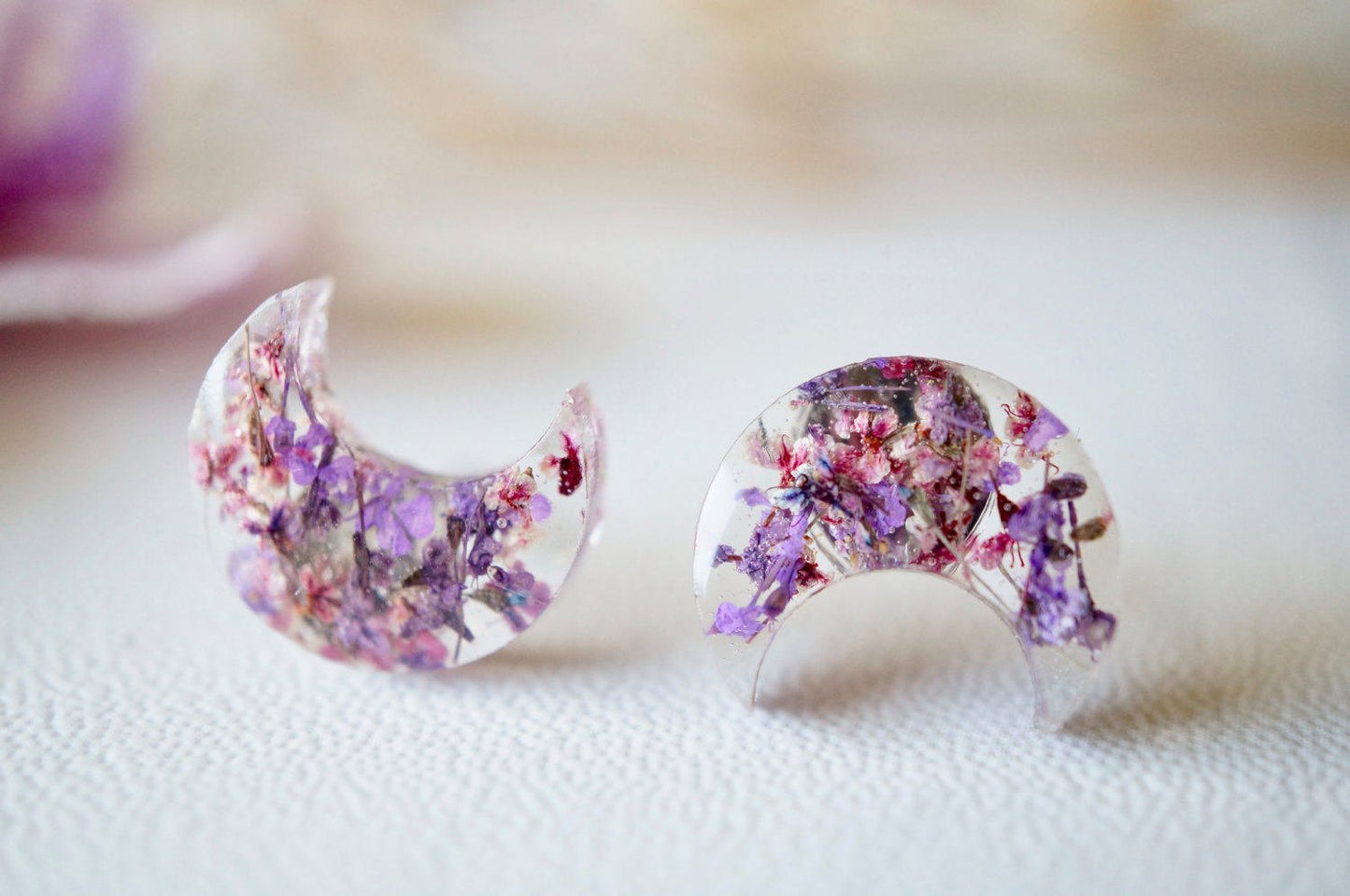 Real Pressed Flowers and Resin Moon Stud Earrings in Purple Blue Teal Mint