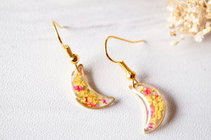 Real Dried Flowers and Resin Earrings, Gold Moons in Yellow and Red