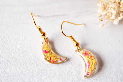 Real Pressed Flowers and Resin Earrings, Gold Moons in Yellow and Red