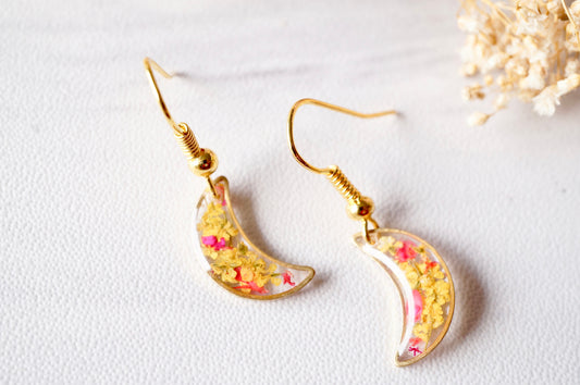Real Pressed Flowers and Resin Earrings, Gold Moons in Yellow and Red