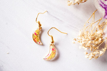 Real Dried Flowers and Resin Earrings, Gold Moons in Yellow and Red