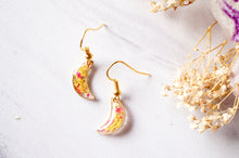 Real Pressed Flowers and Resin Earrings, Gold Moons in Yellow and Red