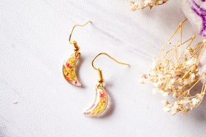 Real Pressed Flowers and Resin Earrings, Gold Moons in Yellow and Red