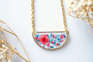 Real Dried Flowers in Resin Necklace, Half Circle in Blue and Red