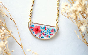 Real Dried Flowers in Resin Necklace, Half Circle in Blue and Red