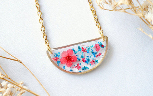 Real Dried Flowers in Resin Necklace, Half Circle in Blue and Red