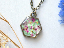 Real Dried Flowers in Resin Necklace, Hexagon in Magenta, Green, and Yellow