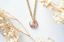 Real Dried Flowers in Resin Necklace, Small Gold Hexagon in Purples Oranges and Mint