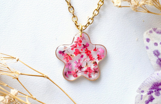 Real Dried Flowers in Resin Necklace, Small Gold Frame in Pinks and Reds