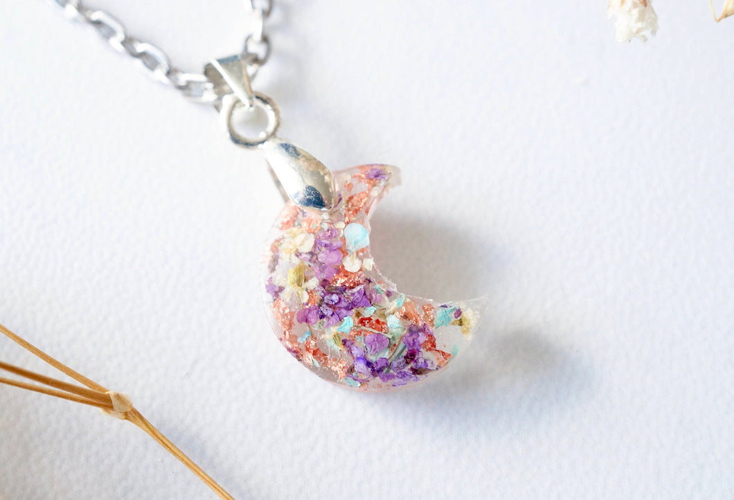 Real Pressed Flowers in Celestial Moon Resin Necklace - Purple Yellow Mint White with Rose Gold Flakes