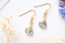 Real Dried Flowers and Resin Earrings, Gold Circle Drops in Purple Green