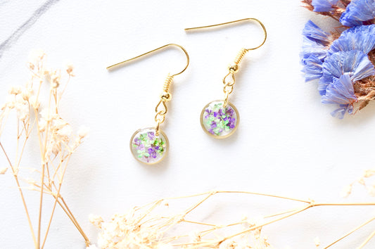 Real Dried Flowers and Resin Earrings, Gold Circle Drops in Purple Green