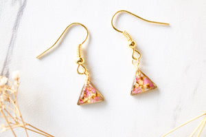 Real Dried Flowers and Resin Earrings, Gold Triangle Drops in Pink and Yellow