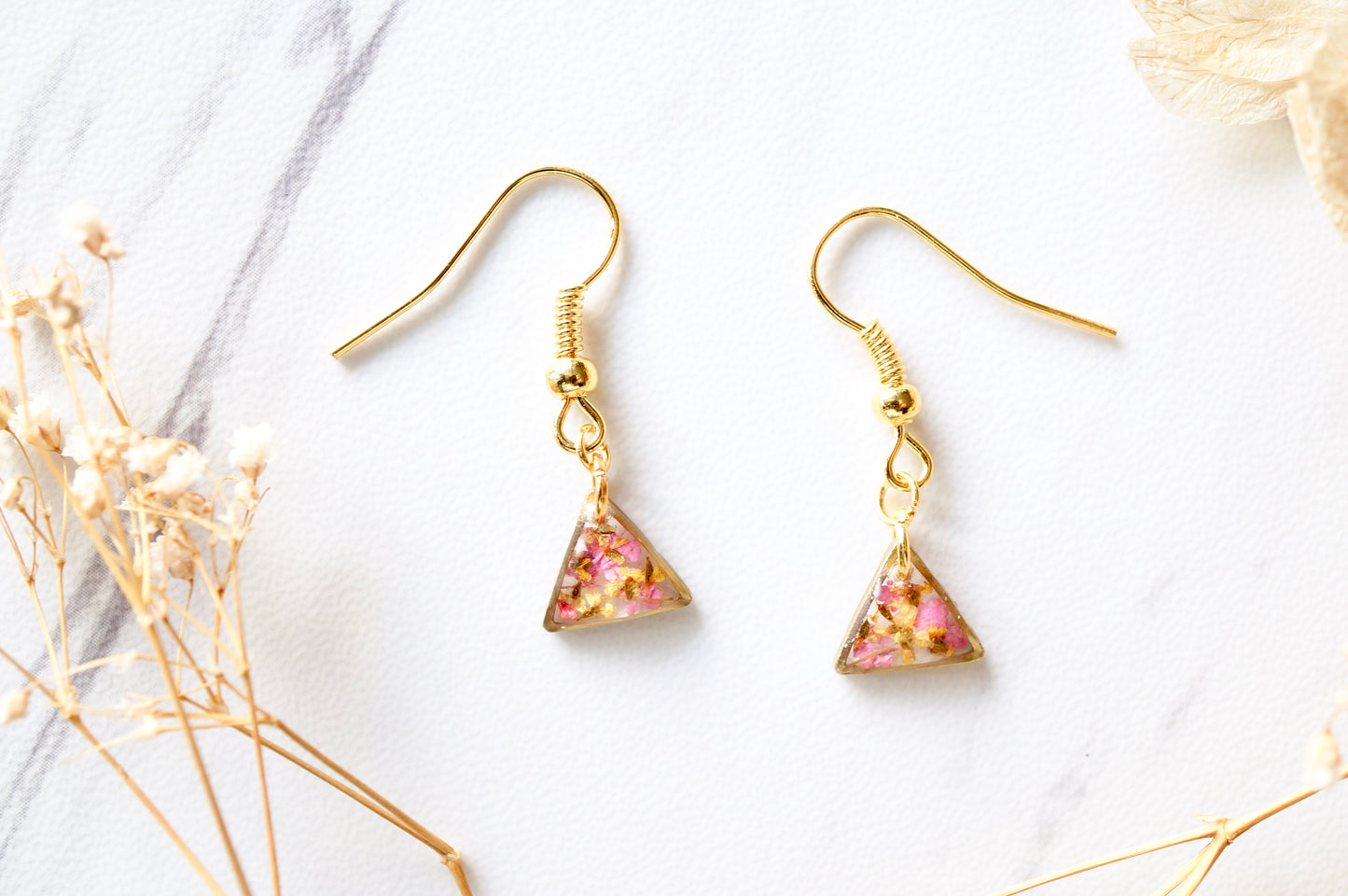 Real Dried Flowers and Resin Earrings, Gold Triangle Drops in Pink and Yellow