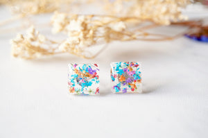 Real Dried Flowers and Resin Square Stud Earrings in Party Mix
