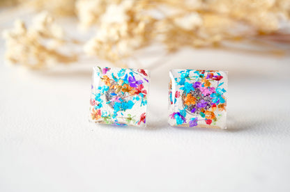 Real Dried Flowers and Resin Square Stud Earrings in Party Mix