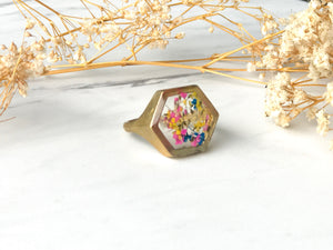 Real Pressed Flower and Resin Hexagon Gold Ring in Yellow Pink and Blue