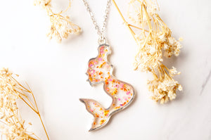 Real Dried Flowers in Resin Necklace, Silver Mermaid in Pink Orange Yellow Mix