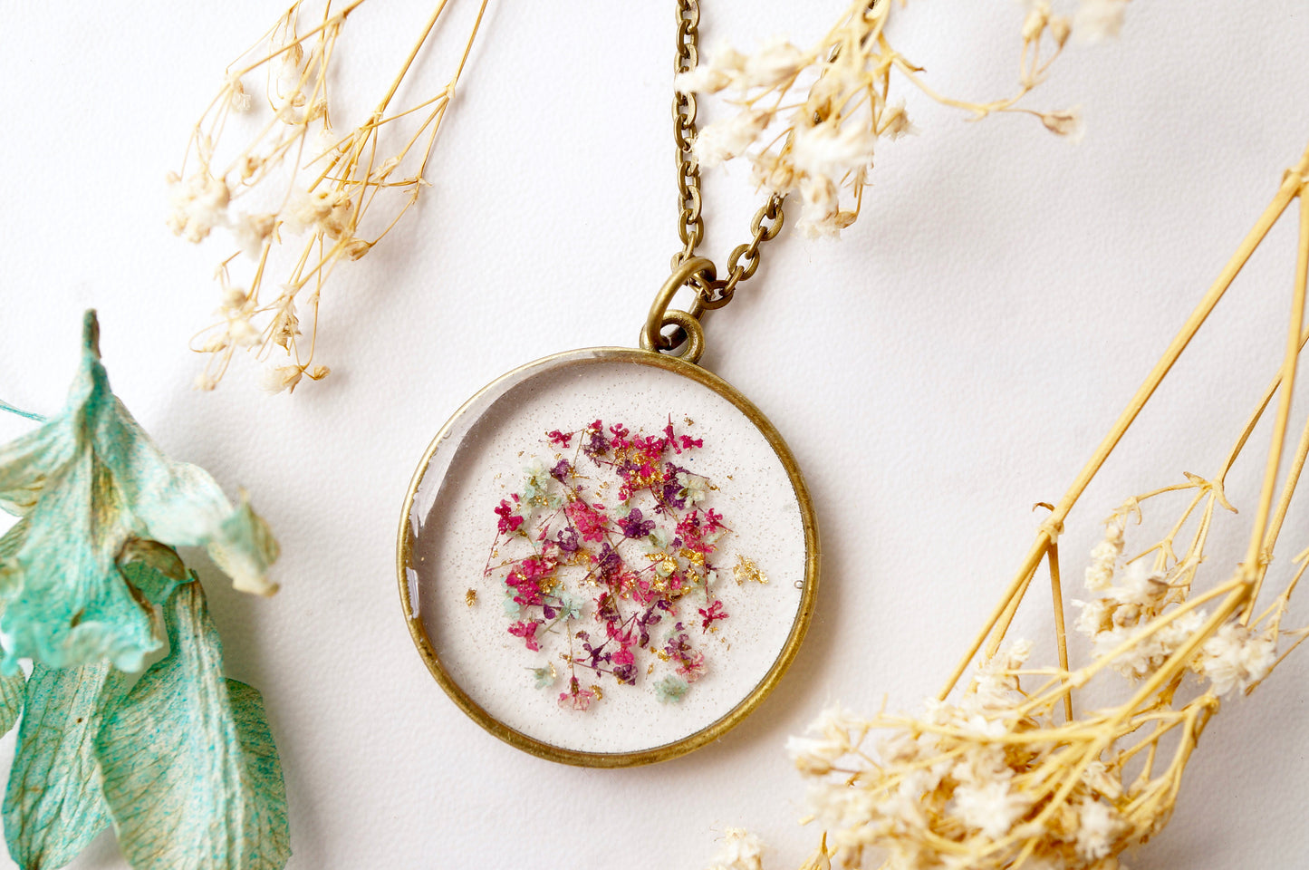 Real Dried Flowers in Resin, Circle Necklace in Pink Purple Mint Gold Flakes