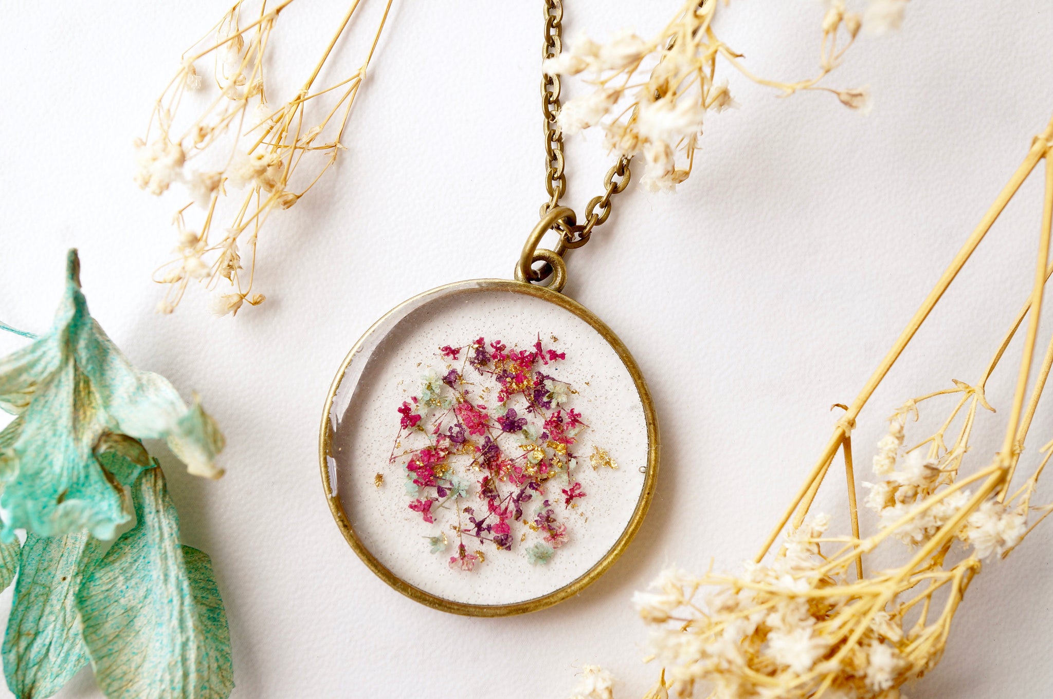 Real Dried Flowers in Resin Necklace, Rose Gold Circle in Magenta Pink Yellow 26