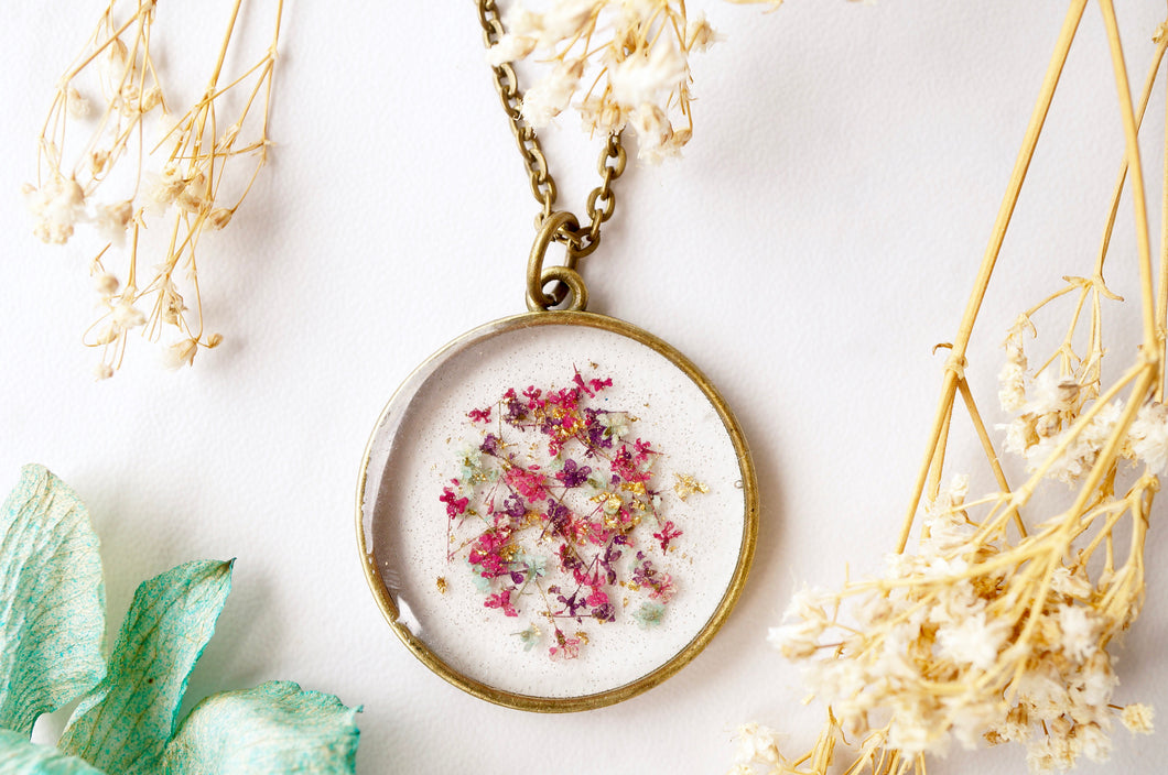 Real Dried Flowers in Resin, Circle Necklace in Pink Purple Mint Gold Flakes
