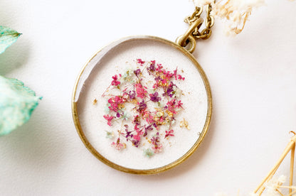 Real Dried Flowers in Resin, Circle Necklace in Pink Purple Mint Gold Flakes