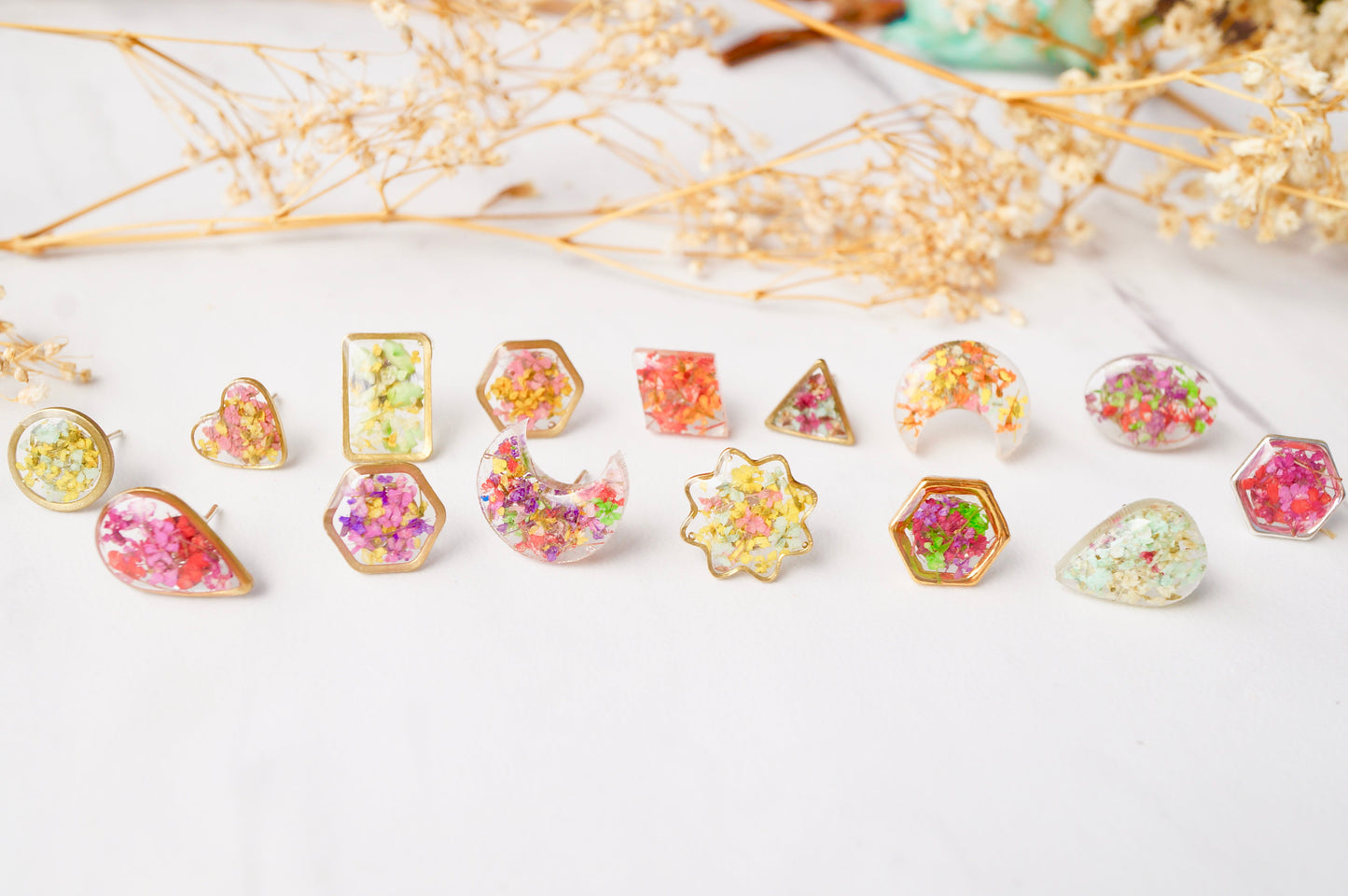 Real Pressed Flowers and Resin Dangle Earrings, Gold Moons in Pink Orange Yellow