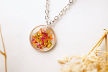 Real Dried Flowers in Resin Necklace, Small Silver Circle in Yellow Orange Red