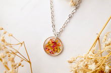 Real Dried Flowers in Resin Necklace, Small Silver Circle in Yellow Orange Red