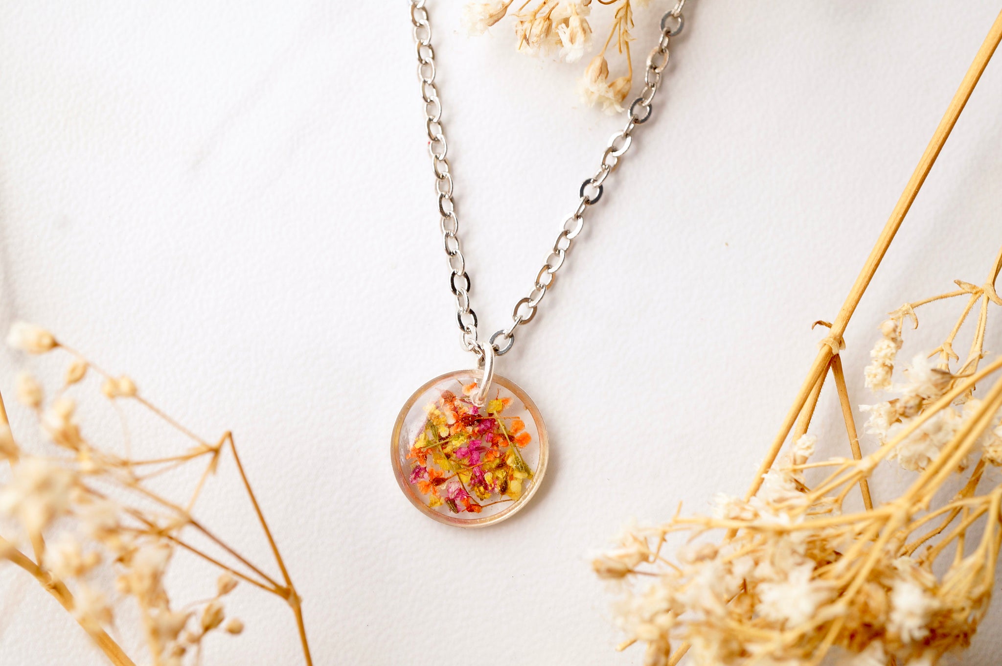 Real Dried Flowers in Resin Necklace, Small Silver Circle in Yellow Orange Red 28