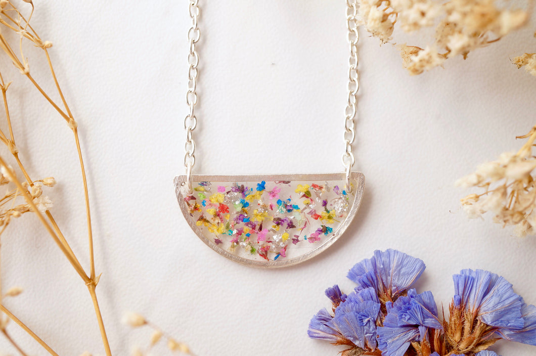 Real Dried Flowers in Resin Necklace, Silver Half Circle in Party Mix